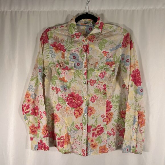 Izod Pearl Snap Shirt Women's Medium Yellow Floral Long Sleeve 100% Cotton - Picture 1 of 7
